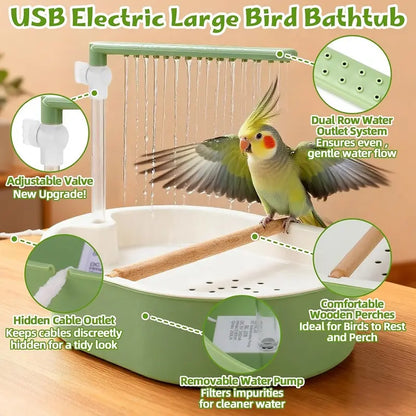 Automatic Bird Bath with Water Shower and Wooden Perch for Cockatiels and Budgies