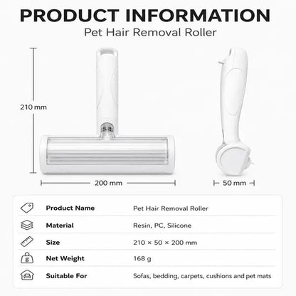 White Pet Hair Removal Roller – 20 Cm Wide Reusable Lint & Fur Cleaner for Sofas, Carpets, Bedding & Pet Mats – Easy One‑Touch Empty Grooming Tool for Cat & Dog Hair Cleanup Midyearsale