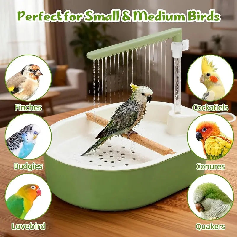 Automatic Bird Bath with Water Shower and Wooden Perch for Cockatiels and Budgies
