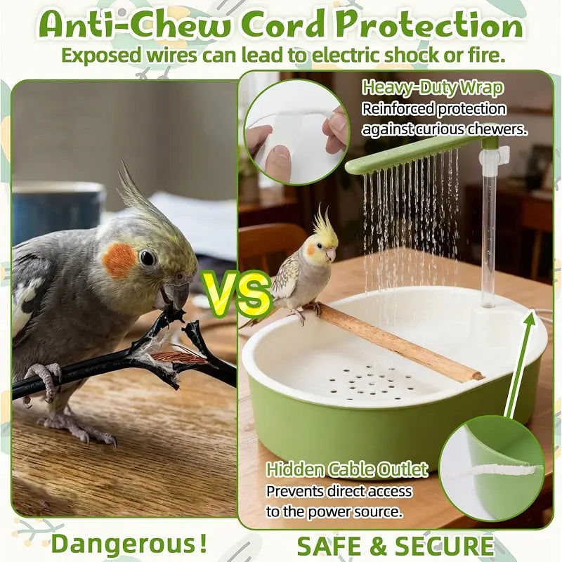 Automatic Bird Bath with Water Shower and Wooden Perch for Cockatiels and Budgies