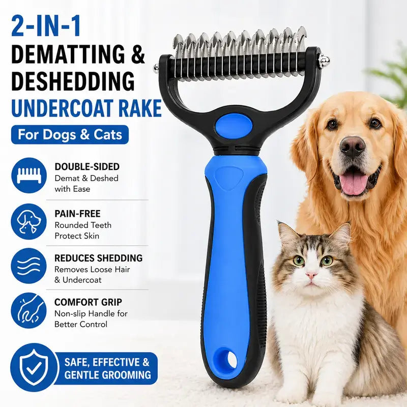 Professional Pet Dematting Undercoat Rake for Long-Haired Dogs and Cats, Double-Sided De-Shedding Brush, Pain-Free Tangle Remover to Minimize Shedding and Mats, Grooming Tool N2