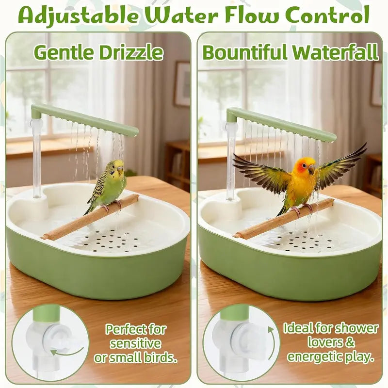 Automatic Bird Bath with Water Shower and Wooden Perch for Cockatiels and Budgies