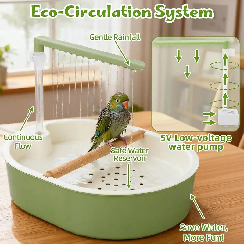 Automatic Bird Bath with Water Shower and Wooden Perch for Cockatiels and Budgies